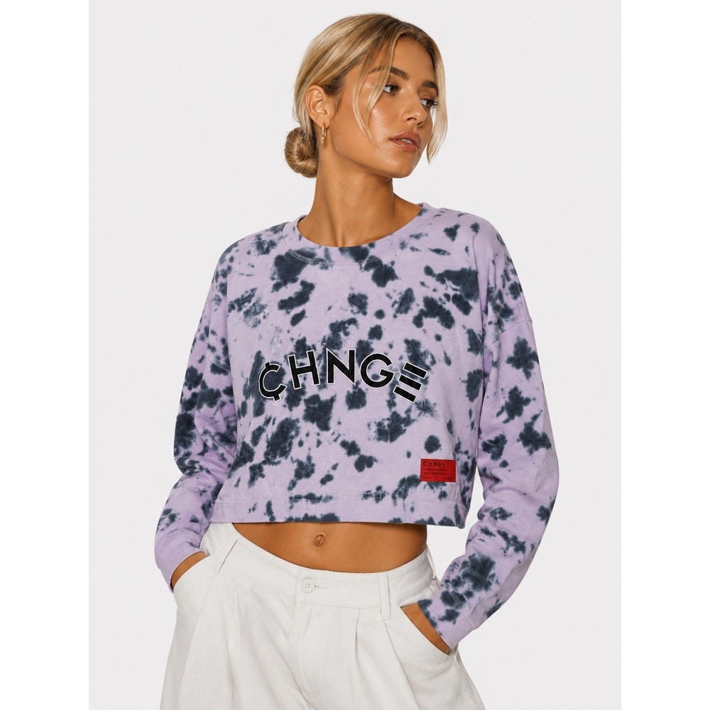 CHNGE Lavender Black Tie Dye Cropped 100% Organic Cotton Sweatshirt Size M